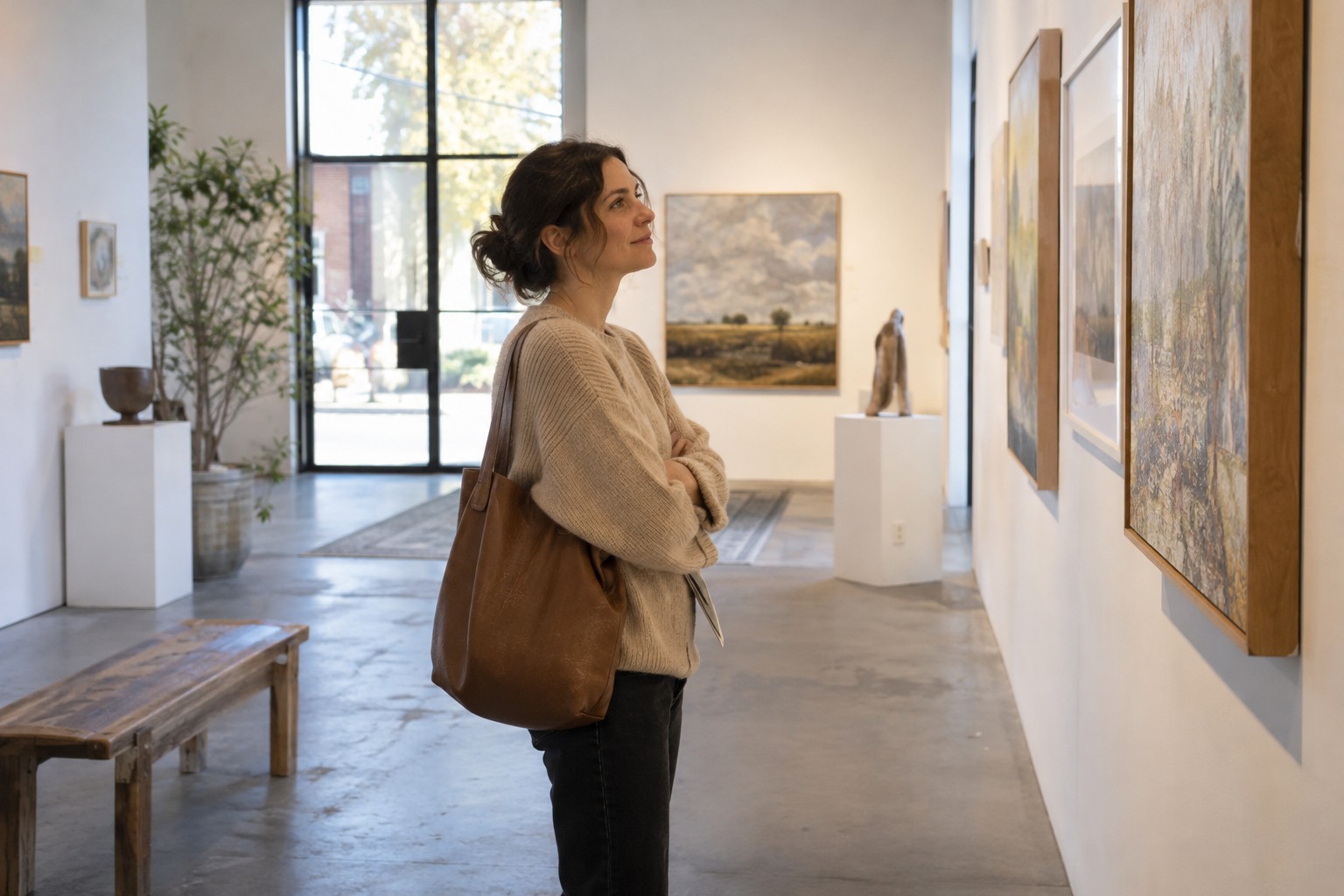 A woman visiting a gallery on her own.