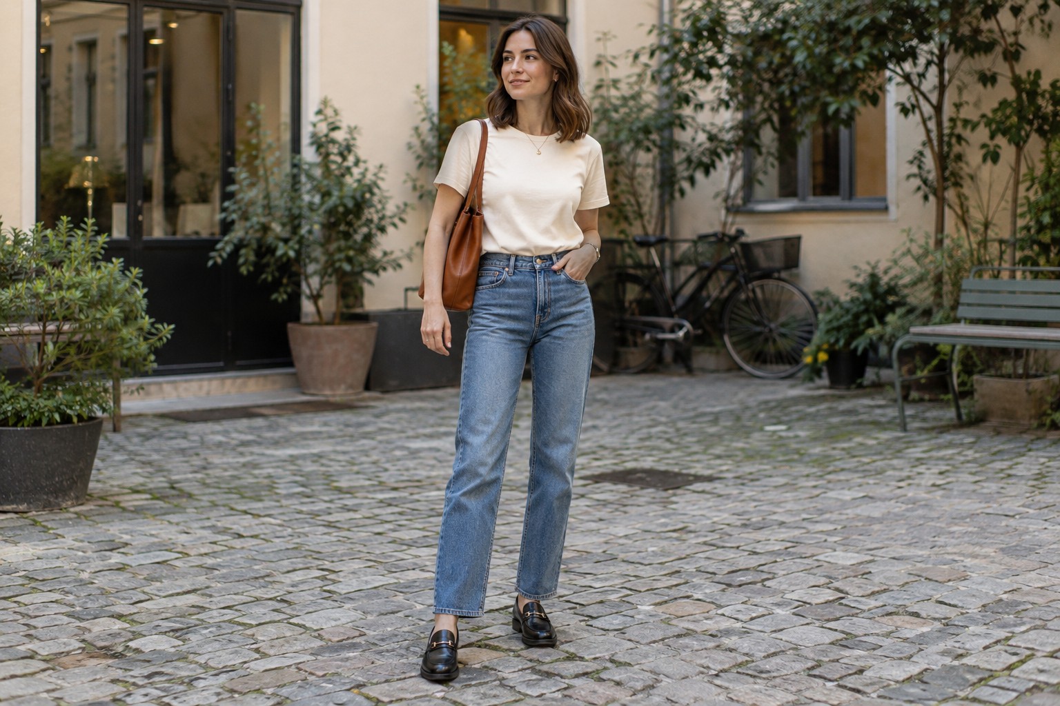 A woman wearing straight-leg jeans with a tucked tee and loafers.