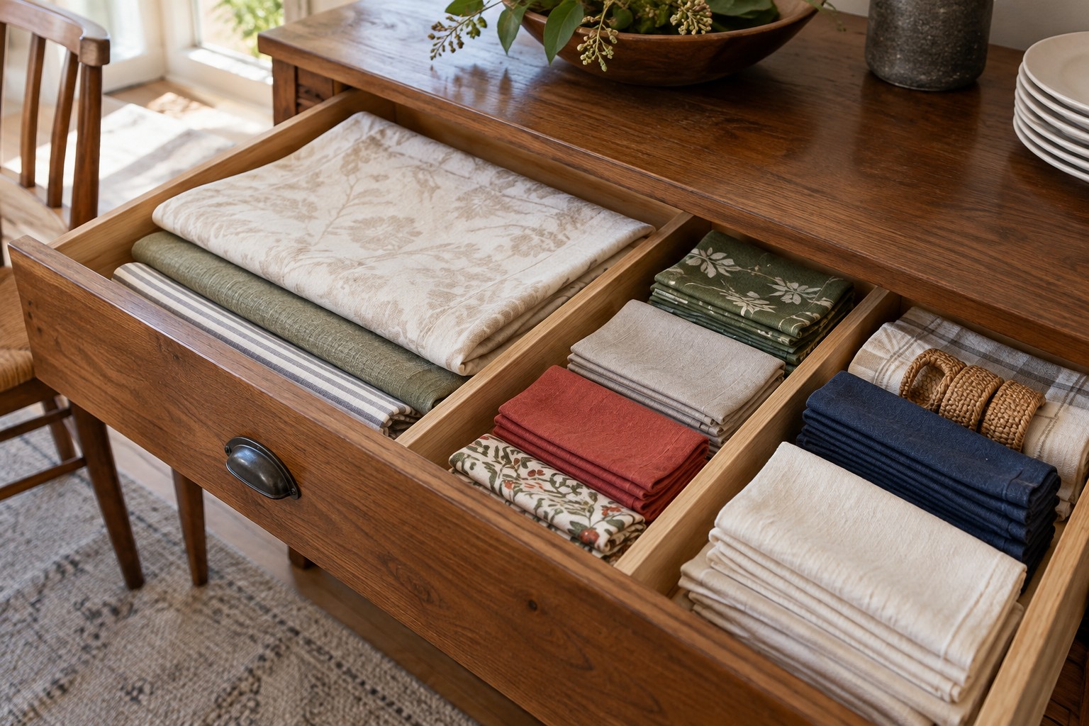 Tablecloths and napkins organised in sideboard drawers.