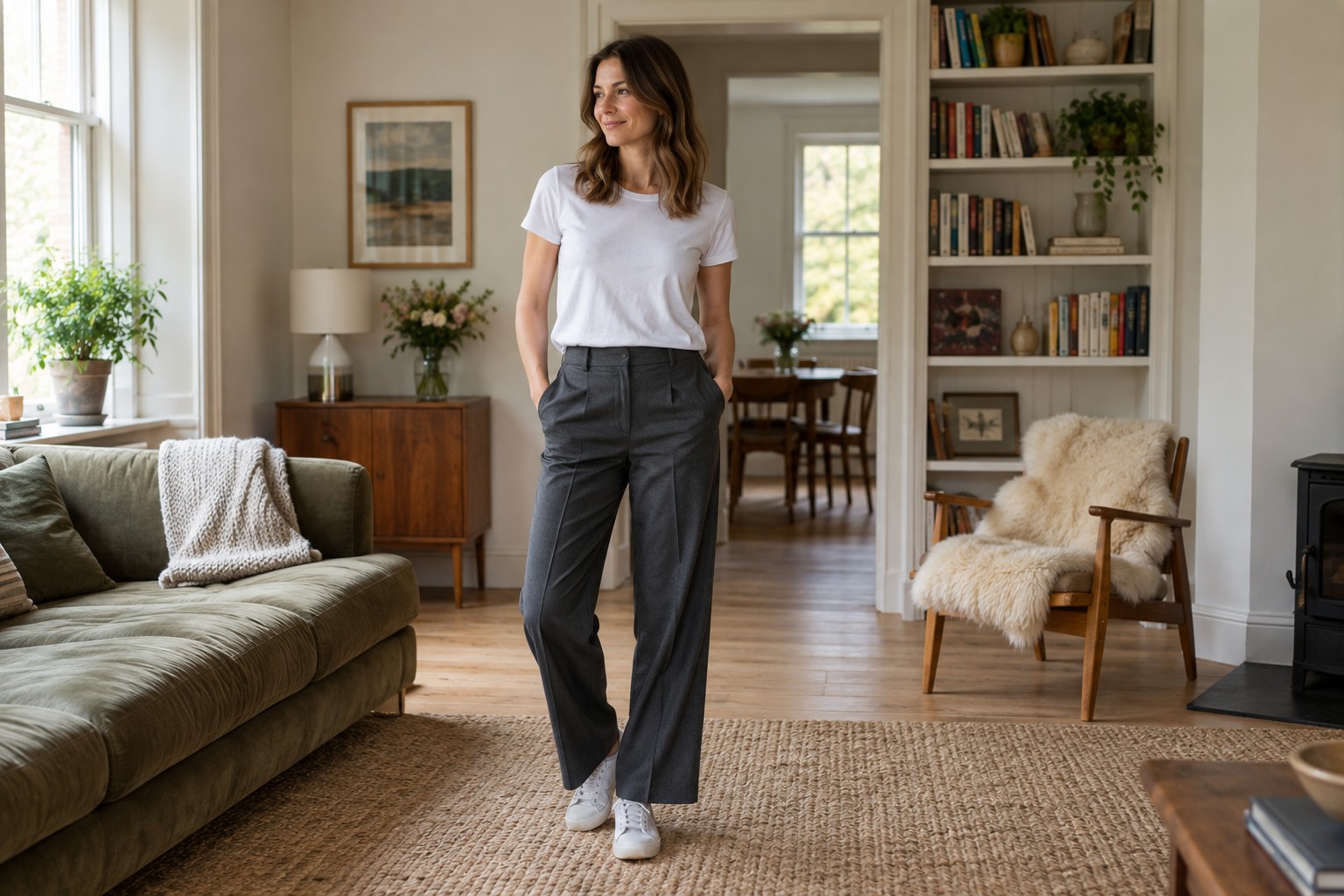 Tailored grey trousers paired with a tee and trainers.