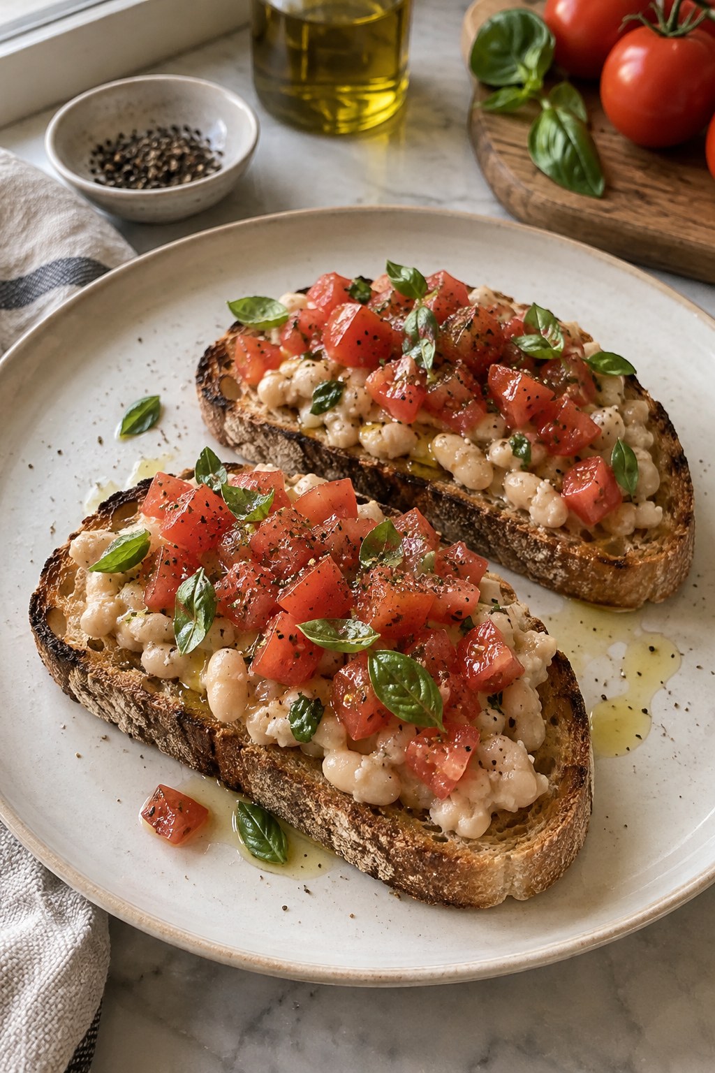 White beans and diced tomatoes on two slices of toast