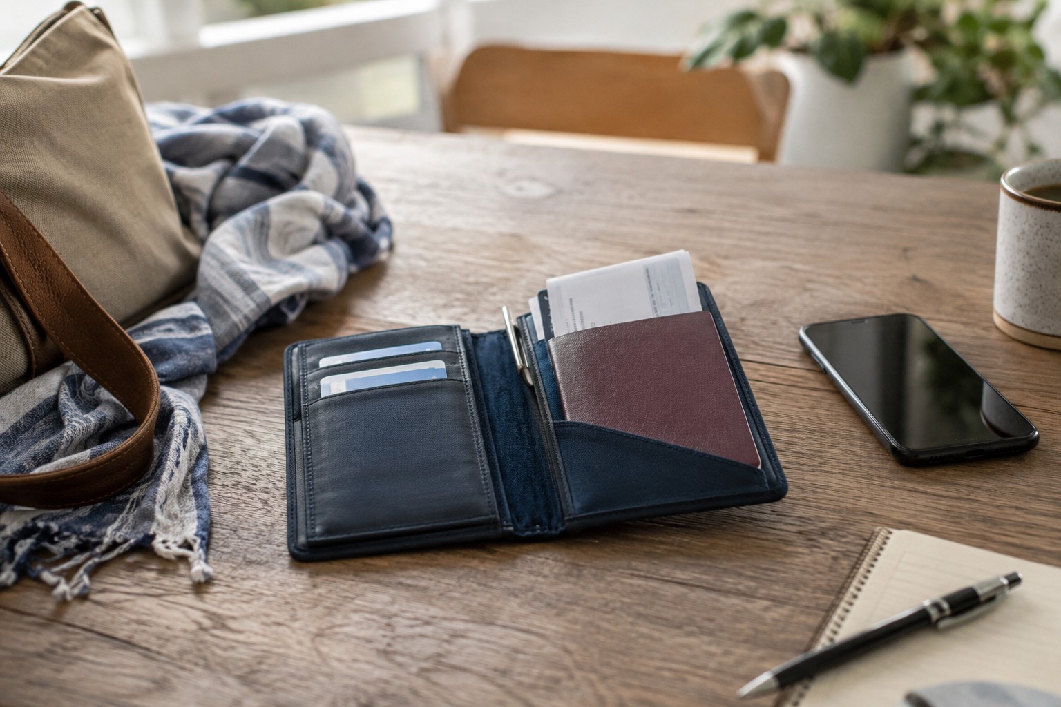 Travel documents collected in a compact wallet.