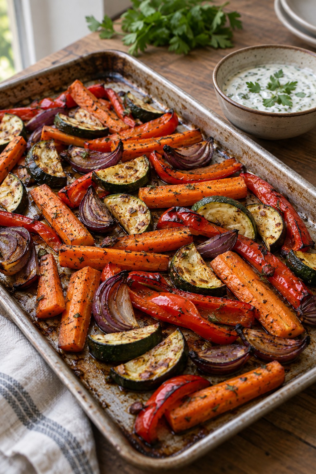 Roasted carrots, courgettes, peppers and onions beside yoghurt dressing