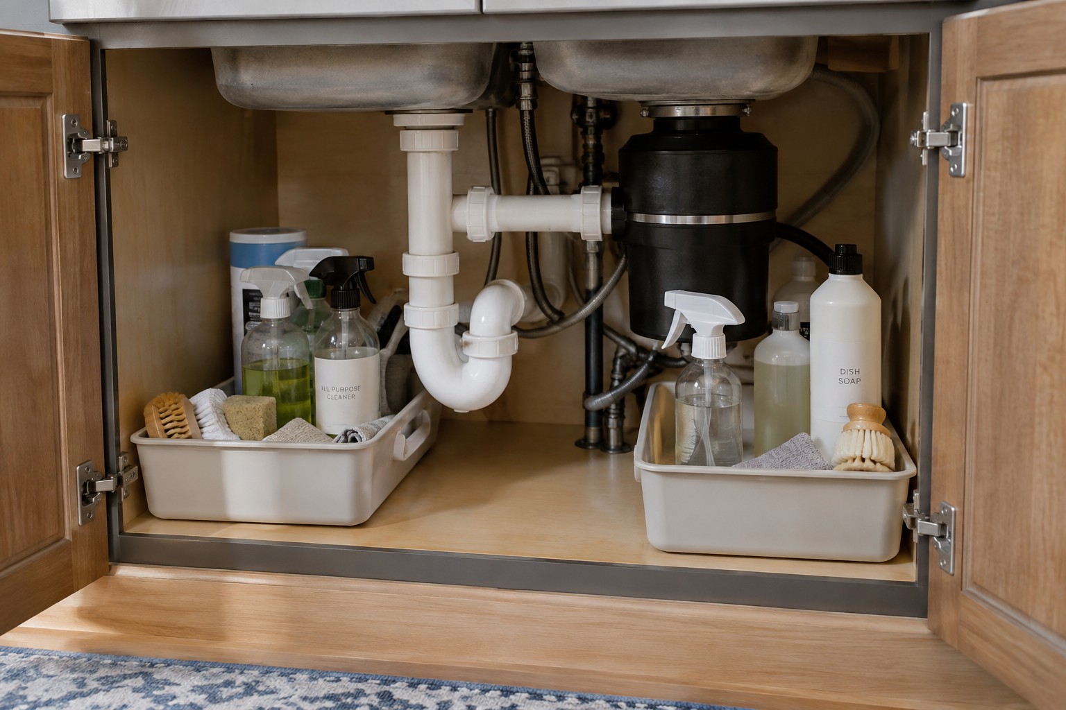 Removable storage bins arranged around under-sink plumbing.