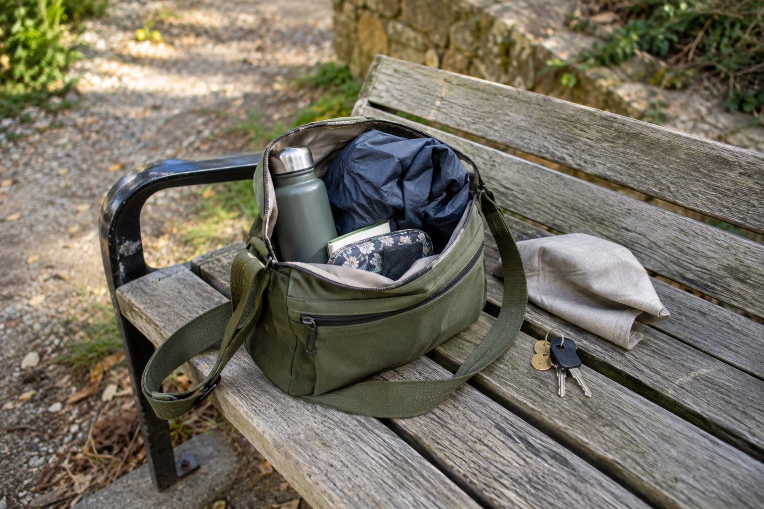 A small walking bag with a bottle and light rain layer.