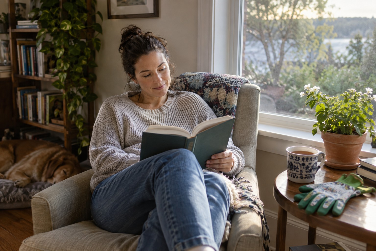 A woman enjoying a book at home by the window.