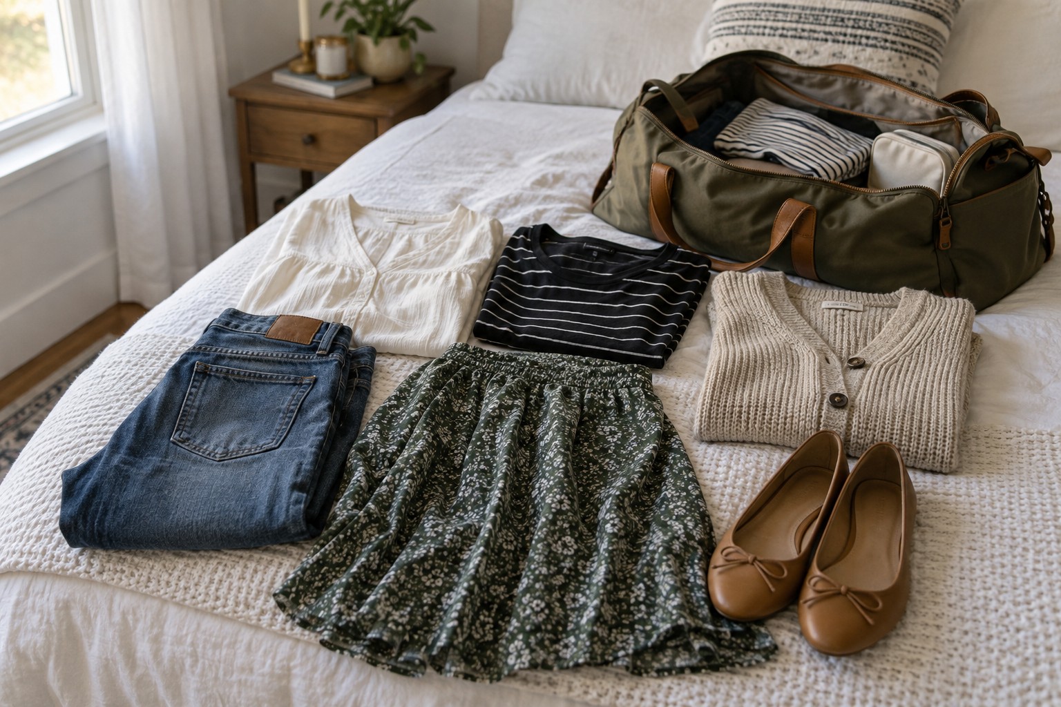 A small weekend clothing capsule laid beside an overnight bag.