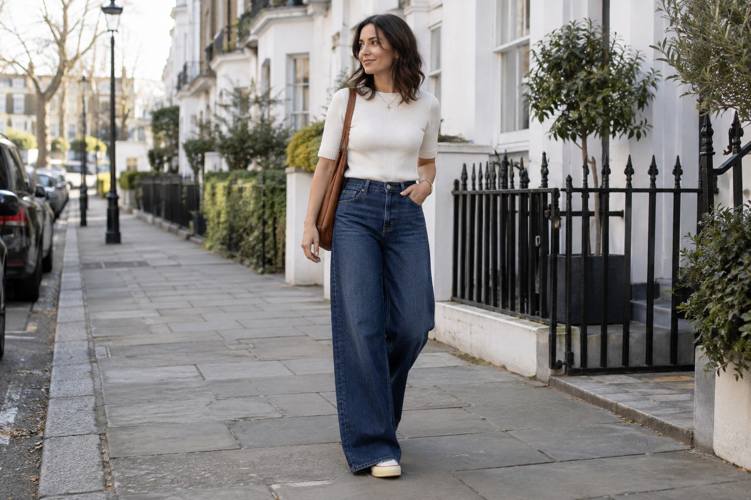 A woman wearing wide-leg denim jeans with a fitted top.